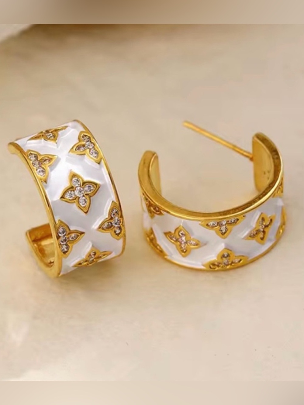 Gold & White Enamel Hoop Earrings with Crystal Motif